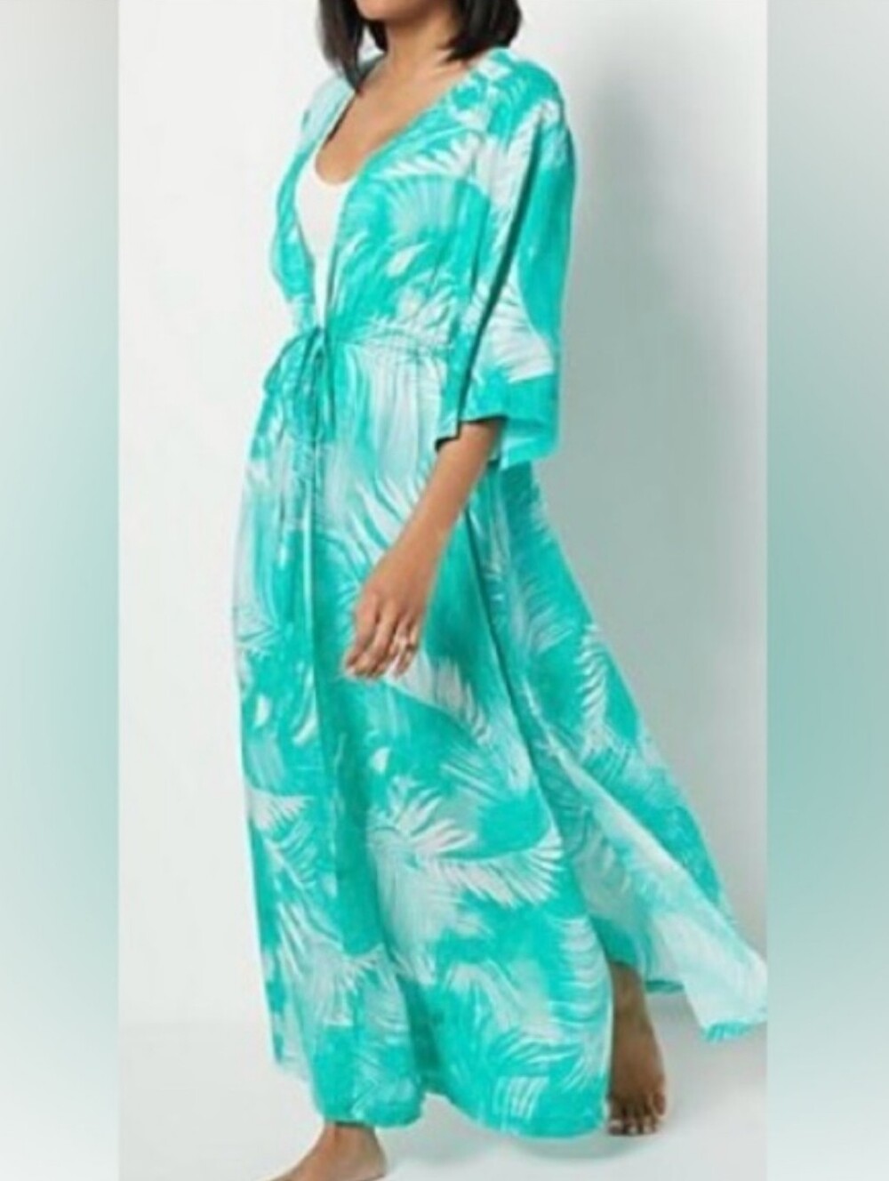 Jantzen Teal Palm Woven Maxi Duster Cover-Up Size XS